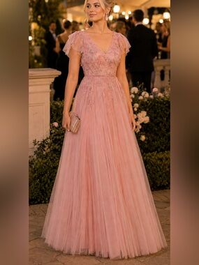 NEW Mac Duggal 11224 - Pink V-Neck‎ A-Line Prom Gown Maxi Dress Size 8